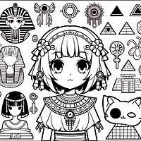 A black and white coloring page of  simple, anime girls and Ancient Egyptian motifs.