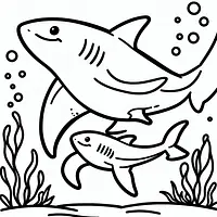 A black and white coloring page of  simple, Shark and its baby.