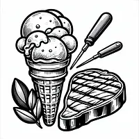 A black and white coloring page of  simple, Ice cream and Steak.