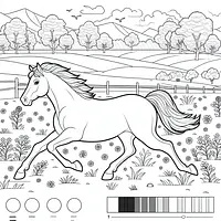 A black and white coloring page of  simple, Horse running in the field.