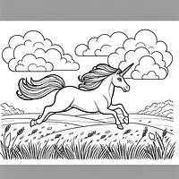 A black and white coloring page of  simple, Unicorn running in a meadow.
