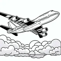 A black and white coloring page of  simple, A commercial airplane flying in the sky.