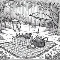A black and white coloring page of  simple, Picnic in April rains .