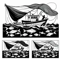 A black and white coloring page of  simple, Fishing boat catching fish.