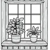 A black and white coloring page of  simple, Plant in a pot on a windowsill.