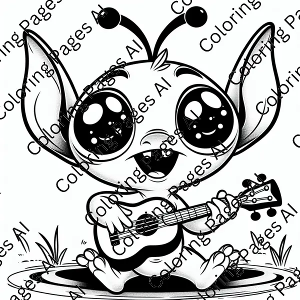 Stitch Playing The Ukulele Coloring Page - Coloring Pages AI