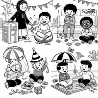 A black and white coloring page of  simple, Kids playing April Fool's pranks .