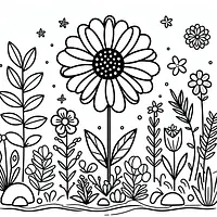 A black and white coloring page of  simple, Flower in a garden.