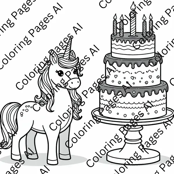 Unicorn With A Birthday Cake Coloring Page - Coloring Pages AI