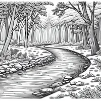 A black and white coloring page of  simple, Forest with a flowing stream.