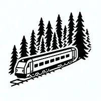 A black and white coloring page of  simple, Train traveling through a forest.