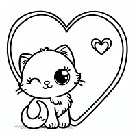 A black and white coloring page of  simple, Heart and kitten.