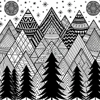 A black and white coloring page of  simple, Triangle based mountains.