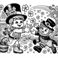 A black and white coloring page of  simple, A child catching a leprechaun on St Patrick Day.