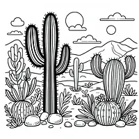 A black and white coloring page of  simple, A cactus plant in the desert.