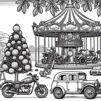 A black and white coloring page of  simple, Carrousel con motos, autos y piratas  and Durian.