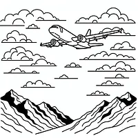 A black and white coloring page of  simple, Airplane flying over mountains.