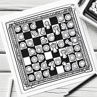A black and white coloring page of  simple, Checkers.