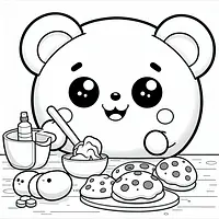 A black and white coloring page of  simple, A Squishmallow baking cookies.