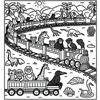 A black and white coloring page of  simple, Train carrying animals at the zoo.