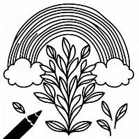 A black and white coloring page of  simple, Plant with a rainbow behind it.
