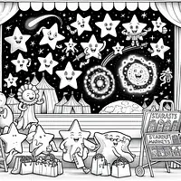 A black and white coloring page of  simple, twelve-excited-stars-watching-a-star-circus and Shopping.
