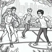 A black and white coloring page of  simple, Teenagers playing basketball in the park.