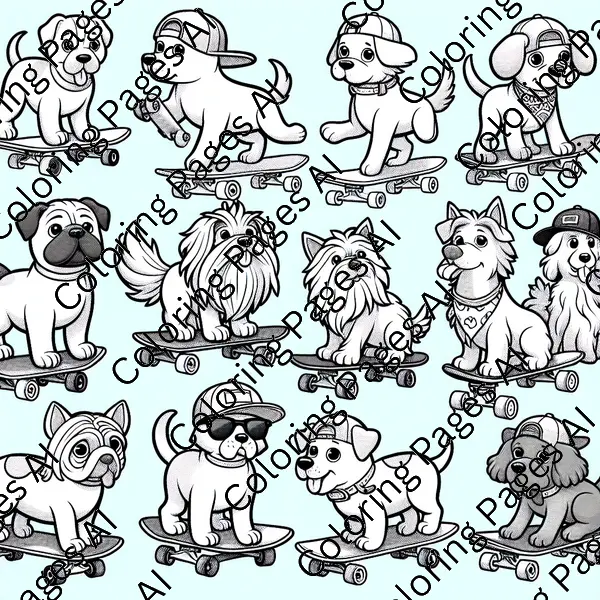 Dogs Riding A Skateboard Coloring Page Coloring Pages AI