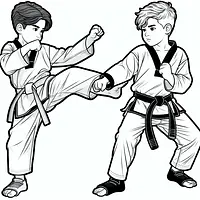 A black and white coloring page of  simple, 2 boys doing taekwondo.