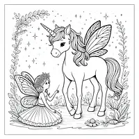A black and white coloring page of  simple, Unicorn with a fairy .