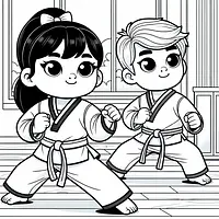 A black and white coloring page of  simple, 2 kids doing taekwondo.