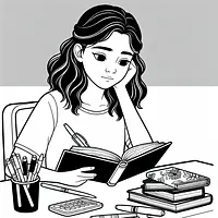 A black and white coloring page of  simple, Teen studying at desk.