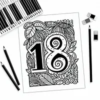 A black and white coloring page of  simple, Number 18.