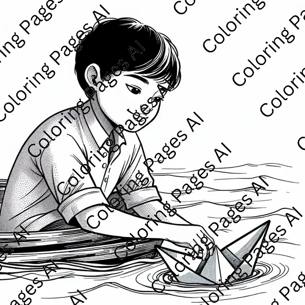 Boy Sailing A Paper Boat Coloring Page - Coloring Pages AI