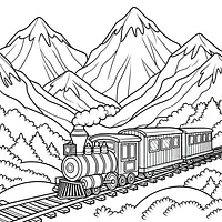 A black and white coloring page of  simple, Train chugging along the mountains.