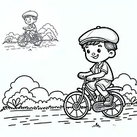A black and white coloring page of  simple, Boy on a bicycle.