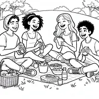 A black and white coloring page of  simple, Teenagers having a picnic.
