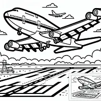 A black and white coloring page of  simple, Airplane taking off from an airport .