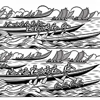 A black and white coloring page of  simple, Boat racing in a competition.
