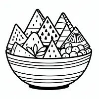 A black and white coloring page of  simple, Triangle fruits in a bowl.