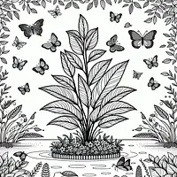 A black and white coloring page of  simple, Plant in a garden with butterflies.