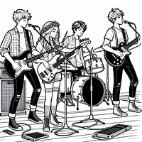 A black and white coloring page of  simple, Teenagers having a band practice.