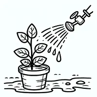 A black and white coloring page of  simple, Plant being watered by sprinkler .