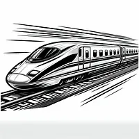 A black and white coloring page of  simple, Bullet train speeding on the tracks.