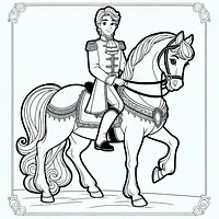 A black and white coloring page of  simple, Prince on a white horse.