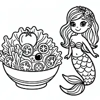 A black and white coloring page of  simple, Salad and of ariel.