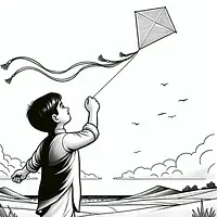 A black and white coloring page of  simple, Boy flying a kite.