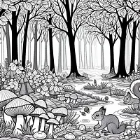 A black and white coloring page of  simple, Forest during autumn.