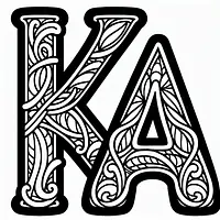 A black and white coloring page of  simple, Letter K and Letter A.