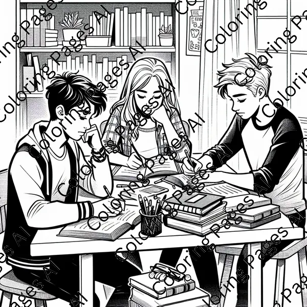 Teens Doing Homework Coloring Page - Coloring Pages AI